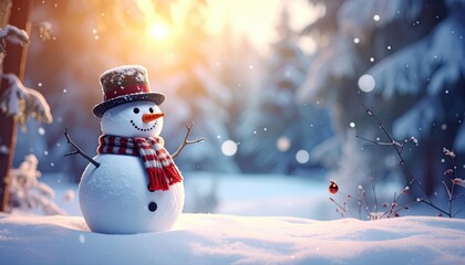 Obraz premium Snowman On Snow In Winter Forest With Snowfall In Defocused Landscape And Abstract Lights