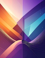 Geometric abstraction featuring angular shapes and curved lines in vibrant gradients of orange, purple, and blue