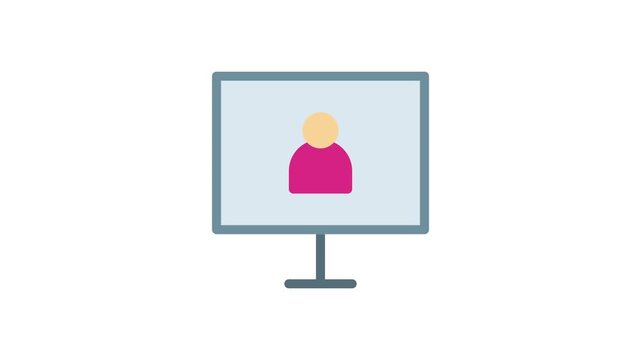 A computer monitor shows a person, who is seated and interacting with the device in a work environment.