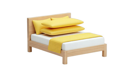 Minimalist Bed with Yellow Pillows and Blanket on White Background