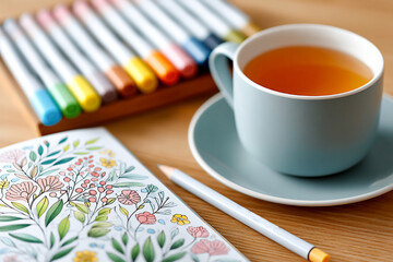 Creative workspace with markers, a cup of tea, and a sketchbook in bright colors Generative AI