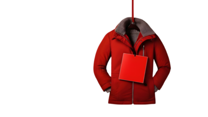 Red winter coat with gray hood and red bag on transparent background