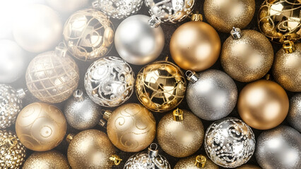 A beautiful array of golden and silver Christmas baubles creating a festive background