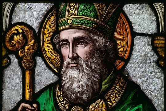 A stained glass depiction of a saint with a staff and halo