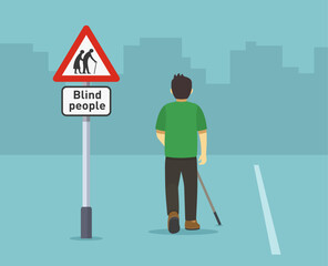 Pedestrian road safety rules and tips. Back view of a blind male character walking the street using cane. British blind people sign area. Flat vector illustration template.