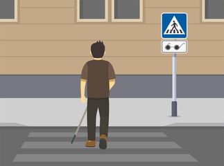 Pedestrian road safety rules and tips. Back view of a blind male character crossing the street using cane on zebra crossing. Blind pedestrians sign area. Flat vector illustration template.