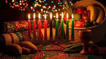 Vibrant kwanzaa kinara with lit candles on a colorful textile tshirt design