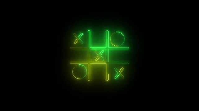 Glowing neon Tic tac toe game icon isolated on black background. Tic tac toe game icon animation. XOX game, educational game animation.