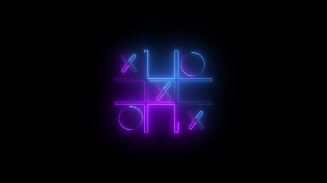 Glowing neon Tic tac toe game icon isolated on black background. Tic tac toe game icon animation. XOX game, educational game animation.
