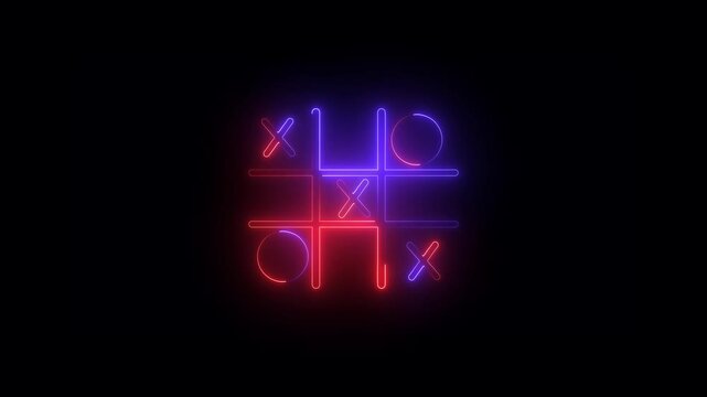 Glowing neon Tic tac toe game icon isolated on black background. Tic tac toe game icon animation. XOX game, educational game animation.