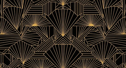Abstract gold geometric lines on black background art deco pattern symmetrical design