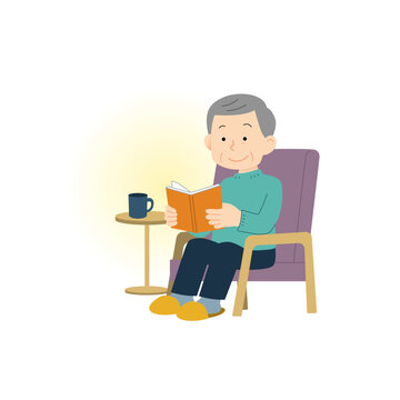暖かい部屋でくつろぐシニア男性のイラスト｜冬の室内生活
