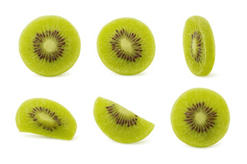 Fototapeta premium Bright green kiwi slices arranged in various cuts on transparent background