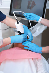 3D dental scanning in dentistry. Examination of teeth, gums and oral mucosa. Dentist's job. Modern dentistry.