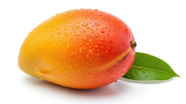 Fresh ripe mango with water droplets and green leaf on white background