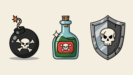 Obraz premium An illustration shows a bomb, poison bottle, and shield with skulls in a graphic design.