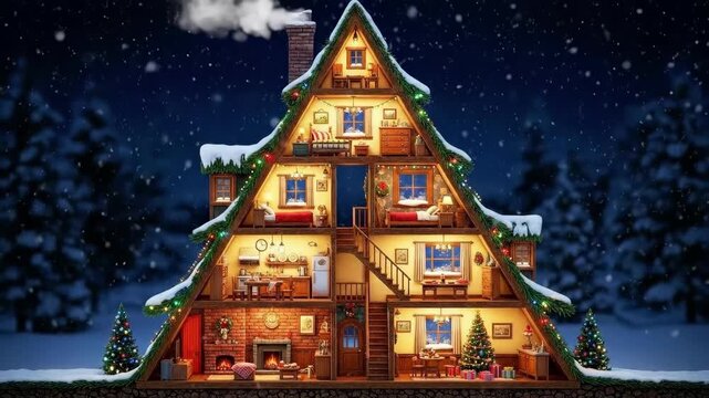 Christmas tree shape house cutaway showing interior rooms decorated for the winter holiday season. Festive domestic scene.