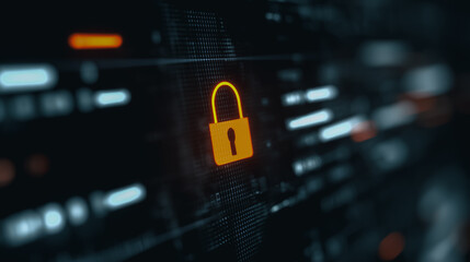 Fototapeta premium A digital padlock icon glows brightly amidst a complex data stream, representing the concept of online security, cyber protection, and the safeguarding of information in the digital world.