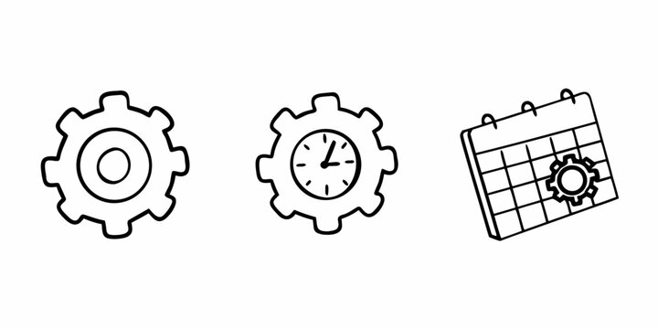 Three simple line drawings of a gear, a clock with a gear inside, and a calendar with a gear on it, representing settings, time management, and planning