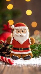 Gingerbread Santa cookie decorated with icing. Candy cane, pine needles, and pinecone. Festive holiday setting. Warm bokeh lights in background
