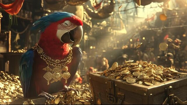 A colorful parrot adorned with jewelry stands beside a treasure chest.
