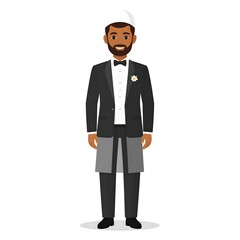 Obraz premium Full-length vector illustration of a dark-skinned, smiling man in formal attire including a tuxedo, bow tie, and apron, standing centered