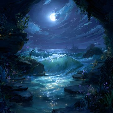 Fantasy Illustration of a Mermaid Swimming in a Lagoon of Glowing Waves Under Moonlight, blue sky and clouds
