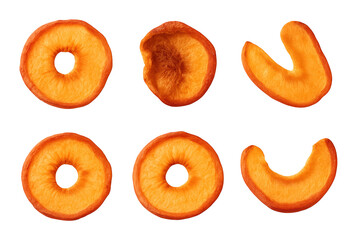 Six dried apricot slices arranged in two rows on transparent background