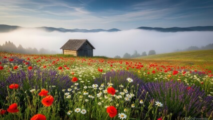Rustic cabin amidst a vibrant field of wildflowers and misty mountain horizon