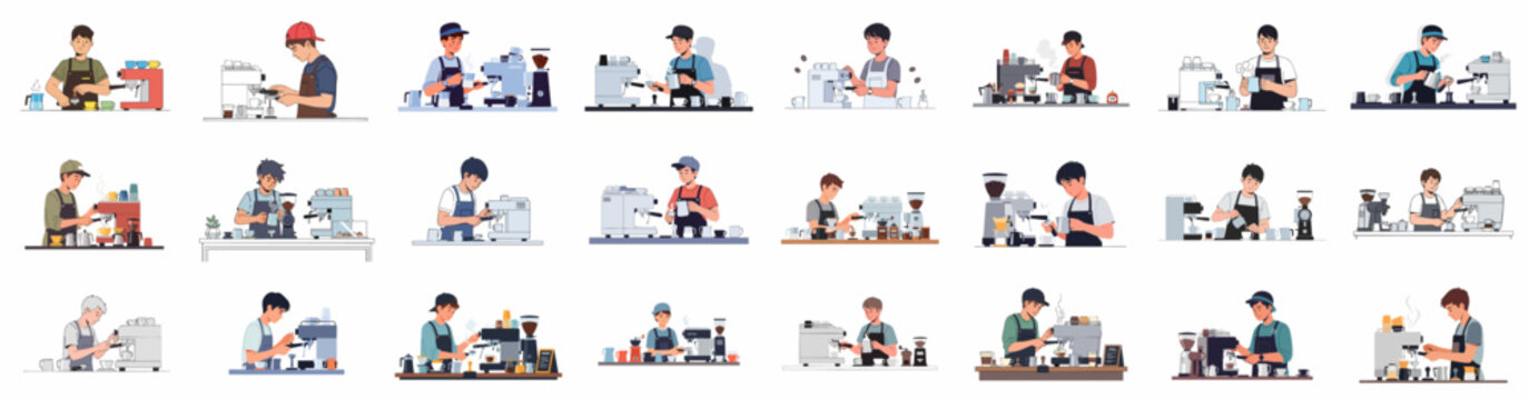 Diverse Set of Barista Illustrations: Young Men Preparing Espresso and Coffee Drinks Using Professional Machines and Equipment Collection.