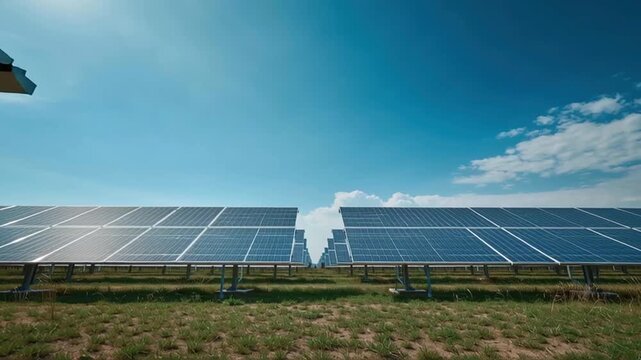 Solar farm expansion across green field with rows of photovoltaic panels bright sky capturing sunlight and generating calm optimistic sustainable