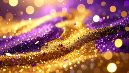 Glittering abstract image with a flowing design of purple and gold sparkles, with bokeh lights