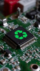 Green technology innovation - close up of circuit board with recycling symbol for eco-friendly electronics