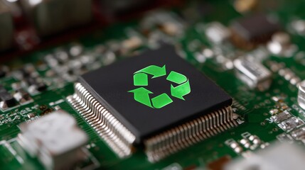 Sustainable electronics: green recycling symbol on circuit board for eco-friendly tech design