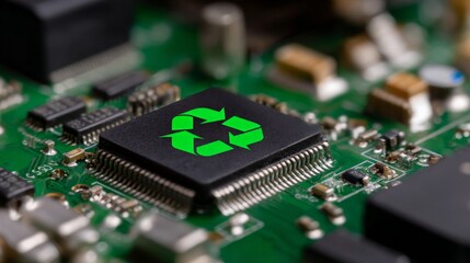 Sustainable technology concept featuring recycling symbol on circuit board
