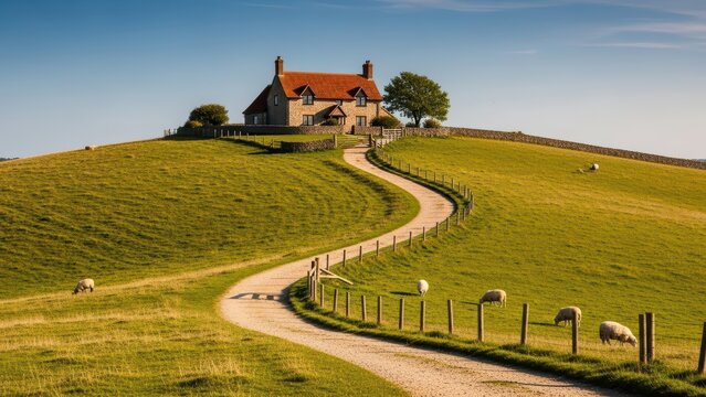 Idyllic countryside with sheep and lone house on rolling hills under blue sky