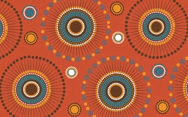 A seamless pattern features traditional Aboriginal-style art with concentric circles and dotted details.