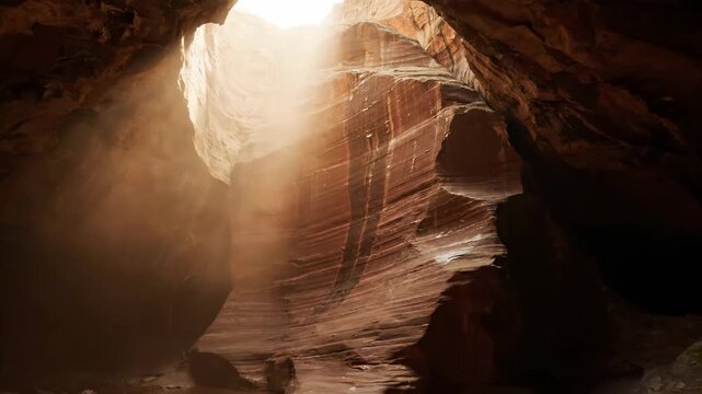 Sunlight filters through the red sandstone formations of Antelope Canyon in Arizona USA creating a breathtaking desert landscape of smooth rock stone and geological beauty within this national park