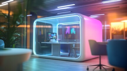 Discover a futuristic workspace with vibrant lighting and sleek design. An ideal environment for productivity and creativity. Modern cubicles inspire innovation. Generative AI
