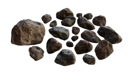 Collection of rough brown and dark gray igneous rocks scattered across a transparent background for design