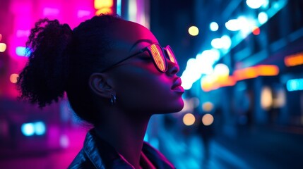 A woman in stylish sunglasses stands against a vibrant neon backdrop. The colors create a captivating atmosphere that inspires creativity and imagination. Generative AI
