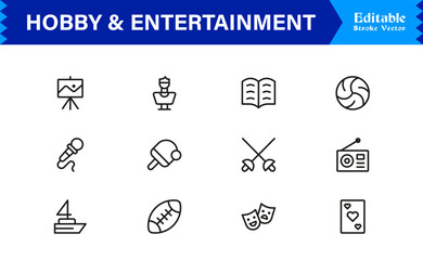 Hobby And Entertainment Line Icon Set Featuring Modern Minimal Unique Editable Pixel-Perfect Icons For Creative Projects And Digital Use