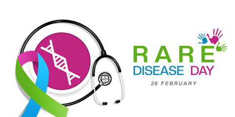 February 28 is Rare Disease Day. Ribbon, genetic and stethoscope. Great for cards, banners, posters, social media and more. White Background