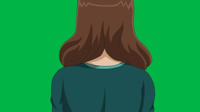 Anime girl with glasses and long brown hair looking thoughtfully on green screen chromakey background. Ideal for 2d animated cartoon animation smart, student, or introspective character moments.