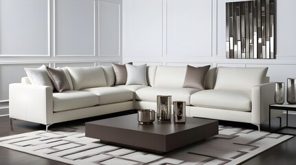 Beautiful and large living room interior with hardwood floors, fluffy rug and designer furniture. Modern mid century and minimalist interior of living room 