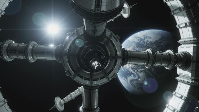 Spaceship docking with a space station orbiting earth. Artificial intelligence exploration of planet from sky. Futuristic technology concept.
