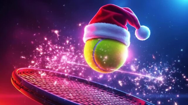 Tennis ball with Santa hat floating above a tennis racket. Christmas sports concept with glowing neon light effect for holiday design.