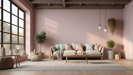 Beautiful and large living room interior with hardwood floors, fluffy rug and designer furniture. Modern mid century and minimalist interior of living room 