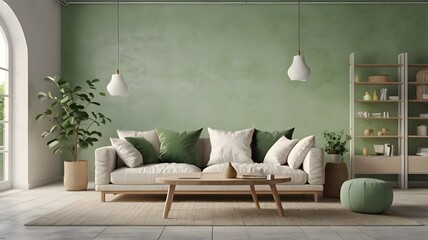 Beautiful and large living room interior with hardwood floors, fluffy rug and designer furniture. Modern mid century and minimalist interior of living room 