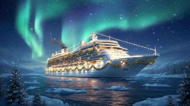 Cruise ship decorated with Christmas lights sailing through icy waters under the northern lights. Winter holiday travel.